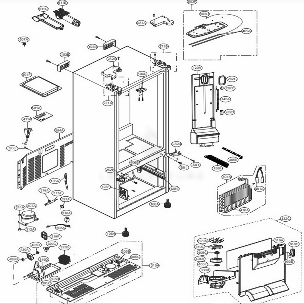 Case Parts Diagram and Parts List for LFDS22520S ASTCNA3 LG Refrigerator