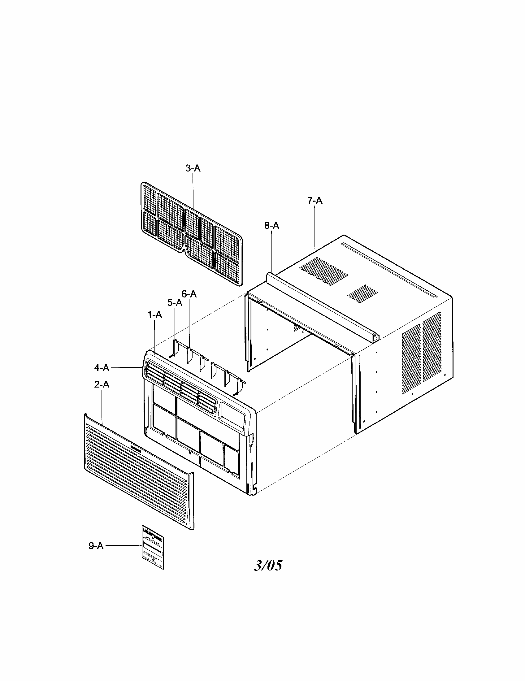 Cabinet/front Grille Assembly Diagram and Parts List for 58075080500  Kenmore Air Conditioner
