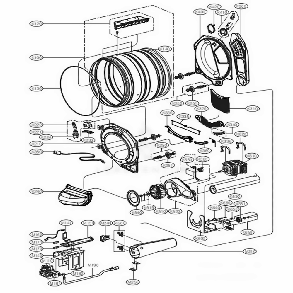 Drum And Motor Assembly Gas Type Diagram and Parts List for DLGX3371V ASSEEUS LG Dryer