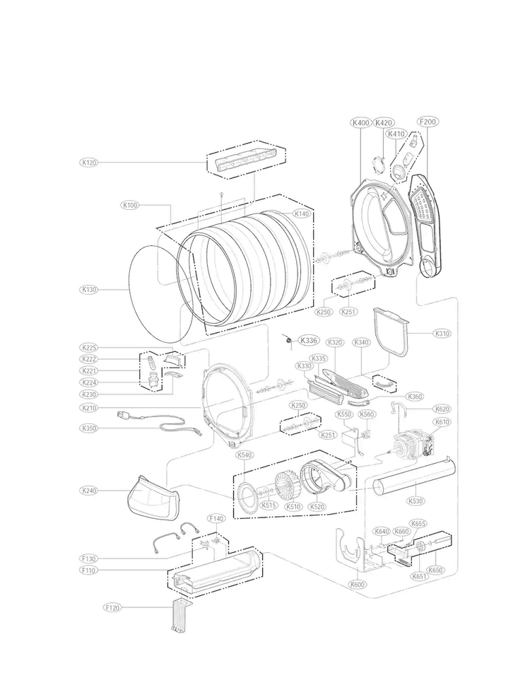 Drum And Motor Parts Diagram and Parts List for DLEX5680W  LG Dryer