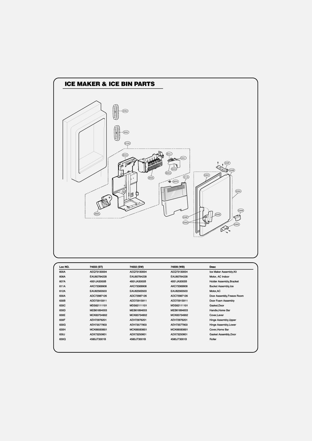 Ice Maker And Ice Bin Parts Diagram and Parts List for GR-J318LSTM ASTCSE1 LG Refrigerator