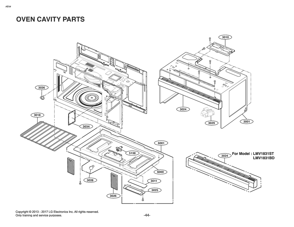 Oven Cavity Parts Diagram and Parts List for MV1843ASD CBKELGA LG Microwave