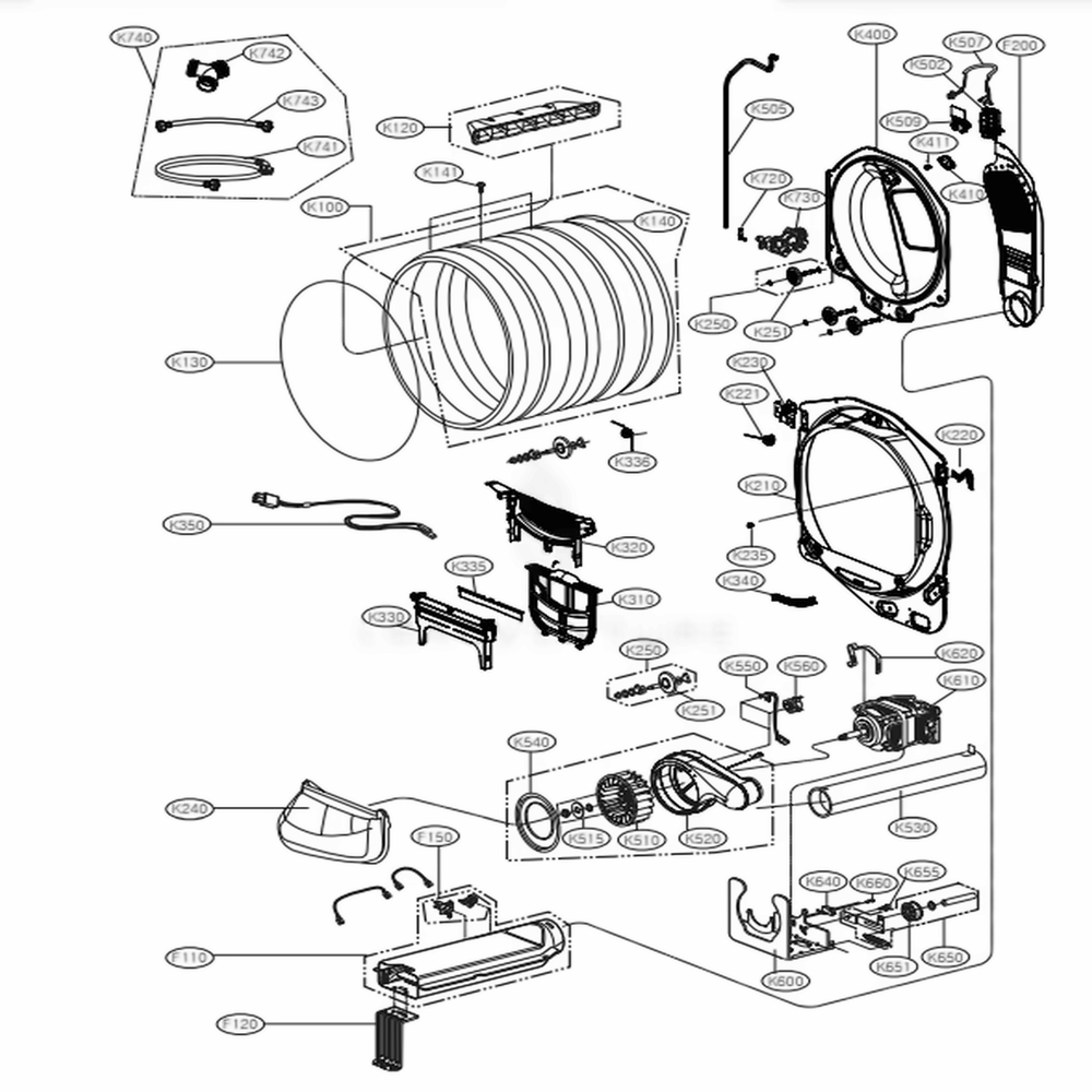 Drum And Motor Assembly: Gas Type Diagram and Parts List for DLGX7711VE ASSEEUS LG Dryer