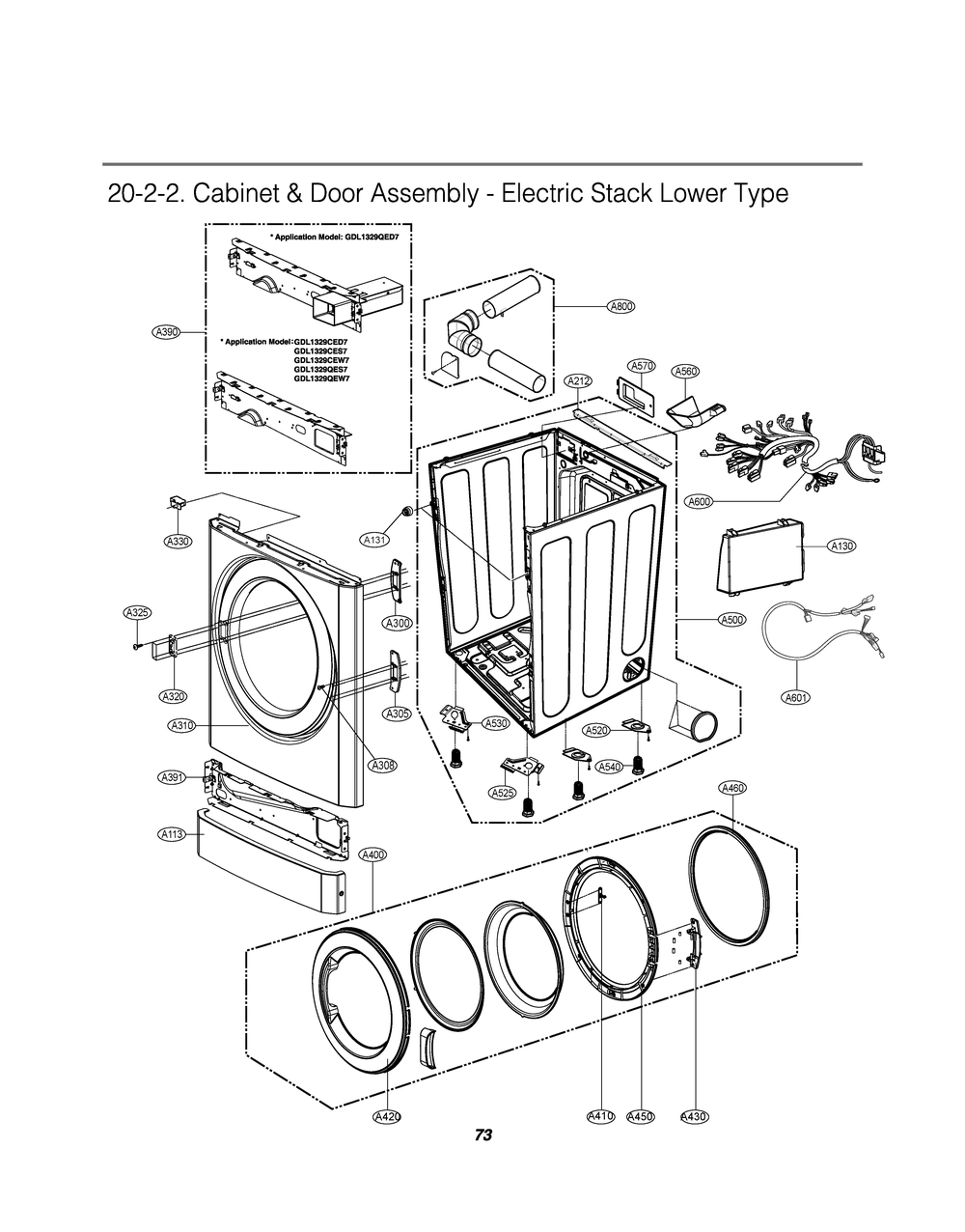 Cabinet And Door Assembly Diagram and Parts List for GDL1329CED9 ASSEECI LG Dryer