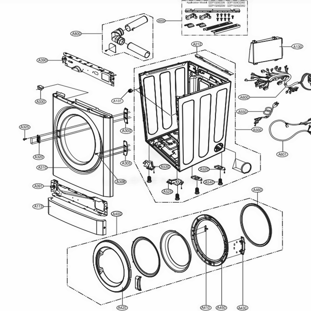 Cabinet And Door Assembly Diagram and Parts List for GDL1329QGW3 ASSEELC LG Dryer