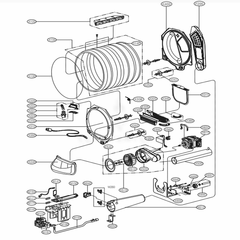 Drum And Motor Assembly: Gas Type Diagram and Parts List for DLG1102W ABWEEUS LG Dryer