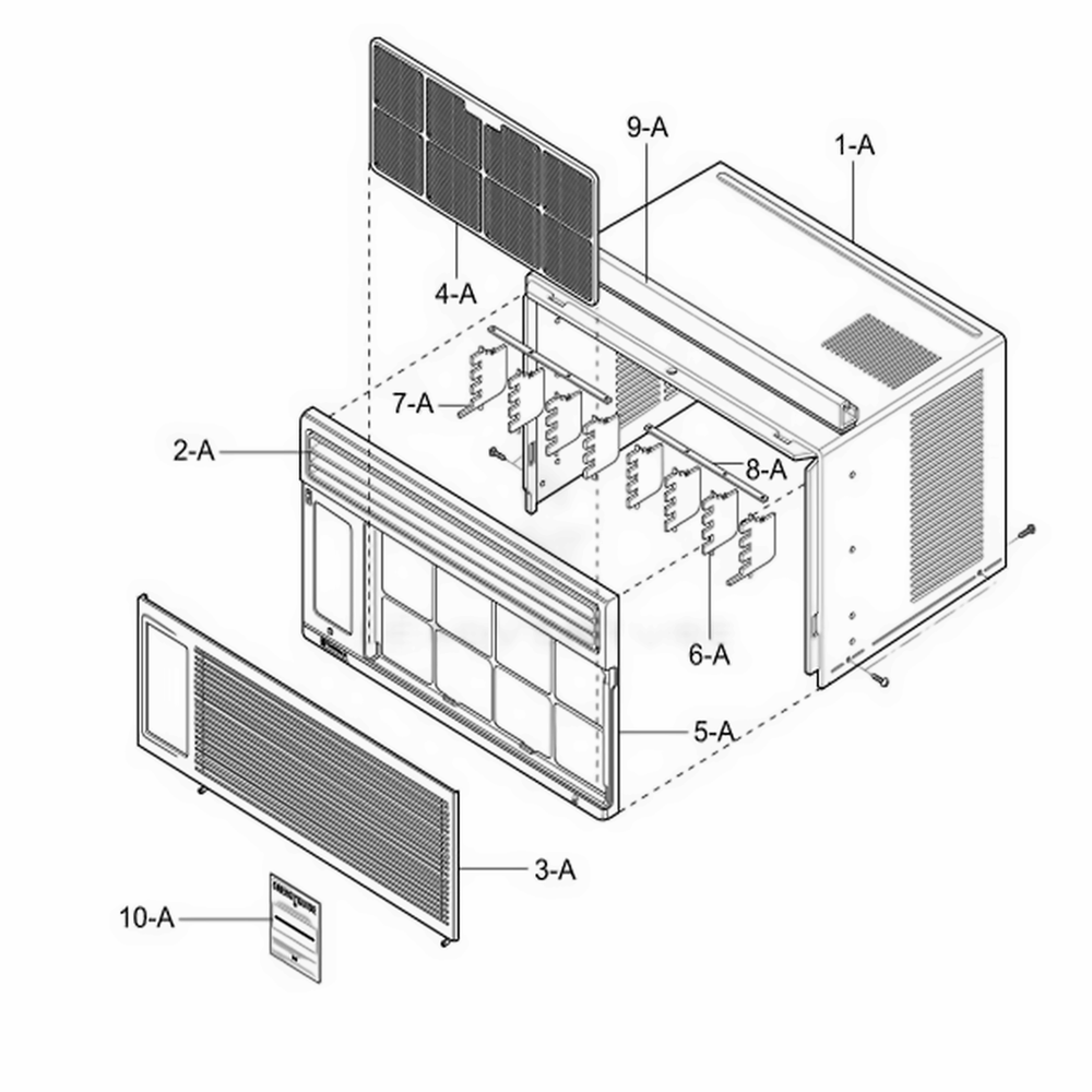 Cabinet And Front Grille Assembly Diagram and Parts List for 580 AWYASRK LG Air Conditioner