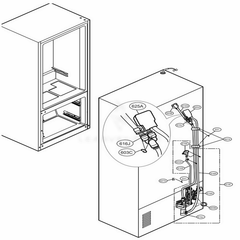 Valve And Water Tube Parts Diagram and Parts List for LFXS29626B AWBCNA1 LG Refrigerator