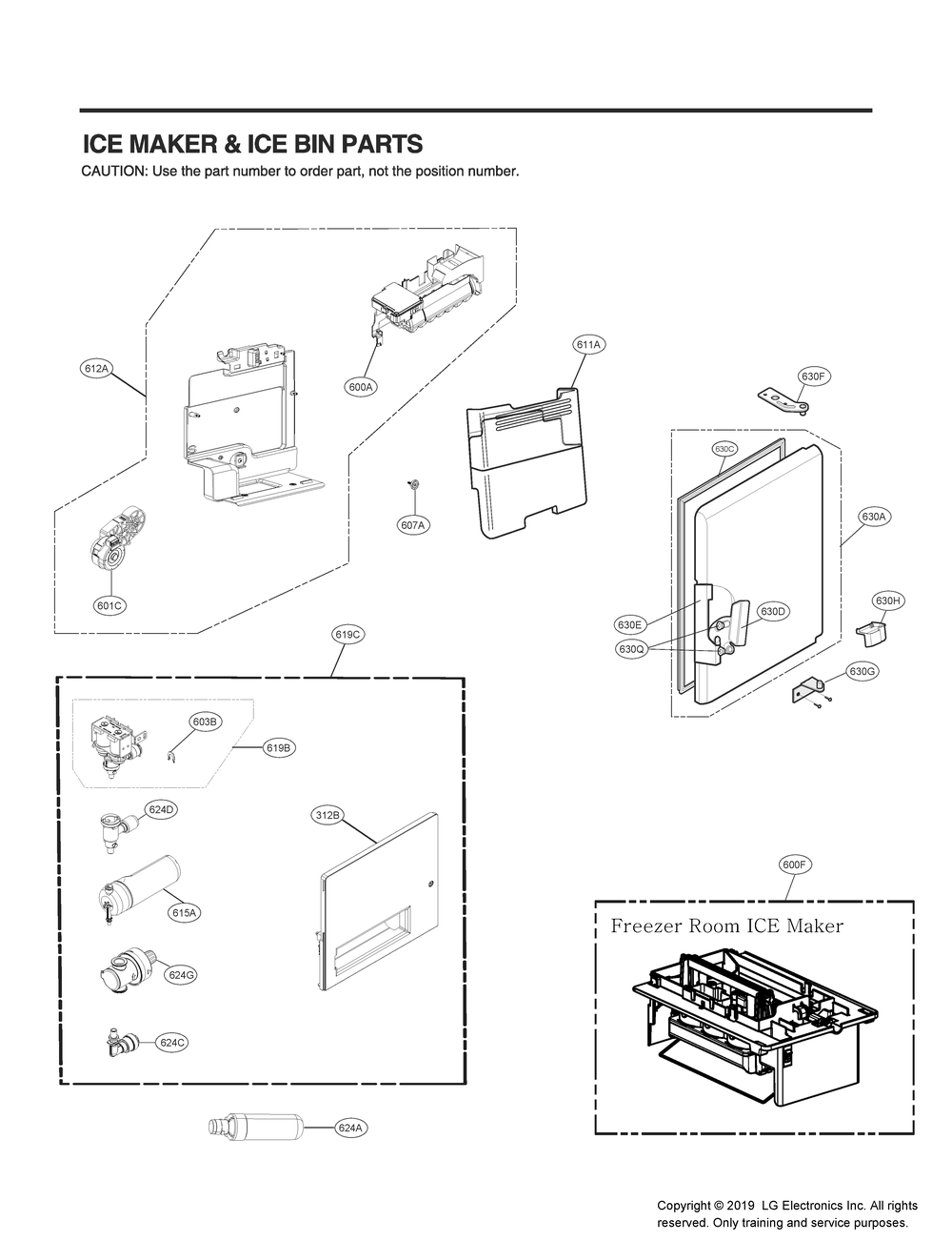 Ice Maker And Ice Bin Parts Diagram and Parts List for GR-J23GMKYM ASBCNA0 LG Refrigerator