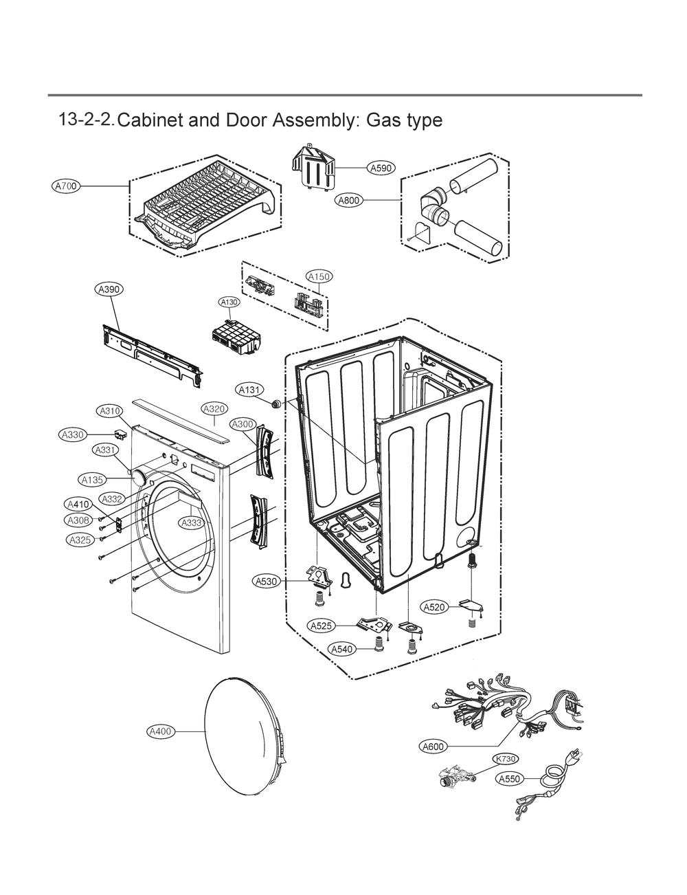 Cabinet And Door Assembly Diagram and Parts List for DLGX5501V ASSEECI LG Dryer