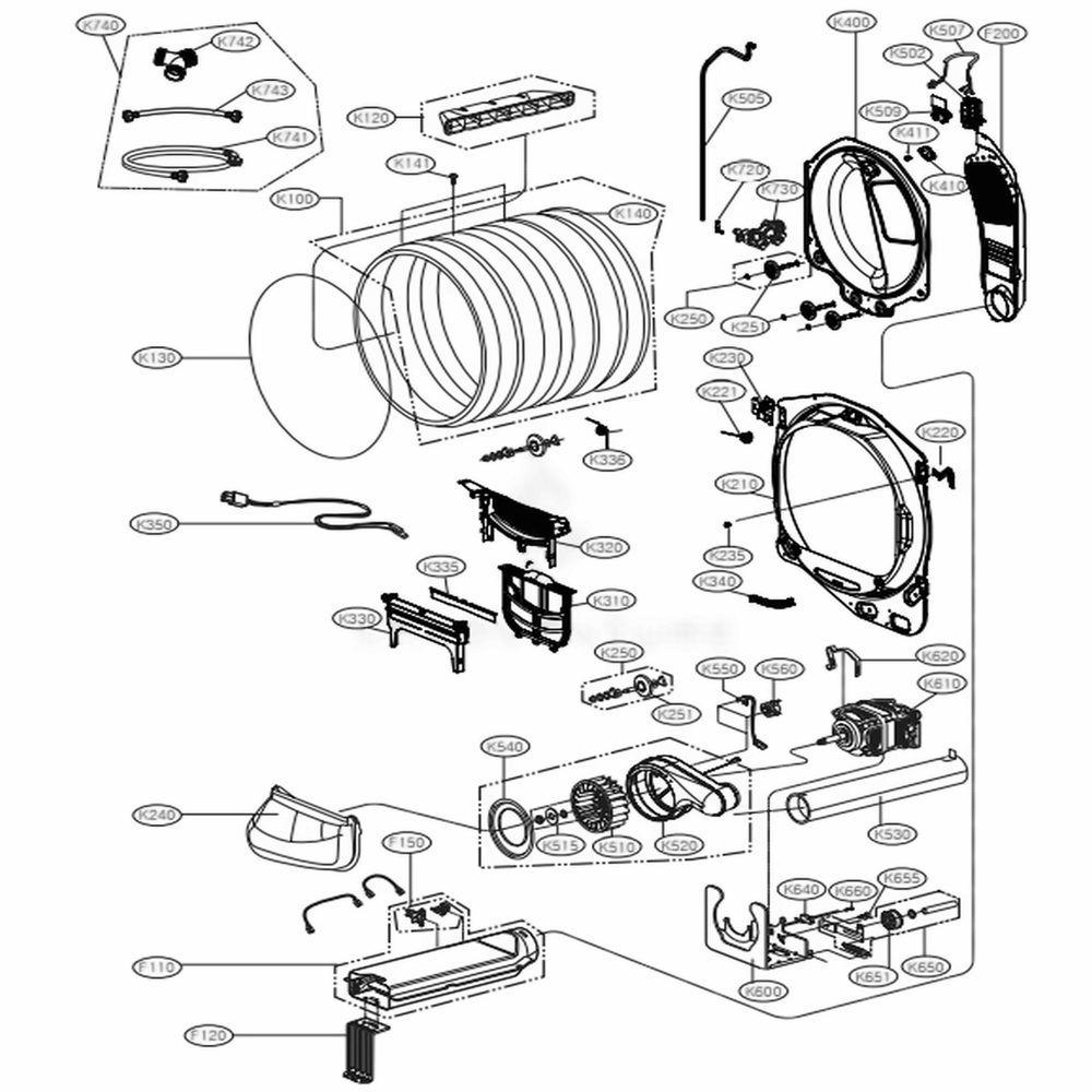 Drum And Motor Assembly: Gas Type Diagram and Parts List for DLGX7711WE ABWEEUS LG Dryer