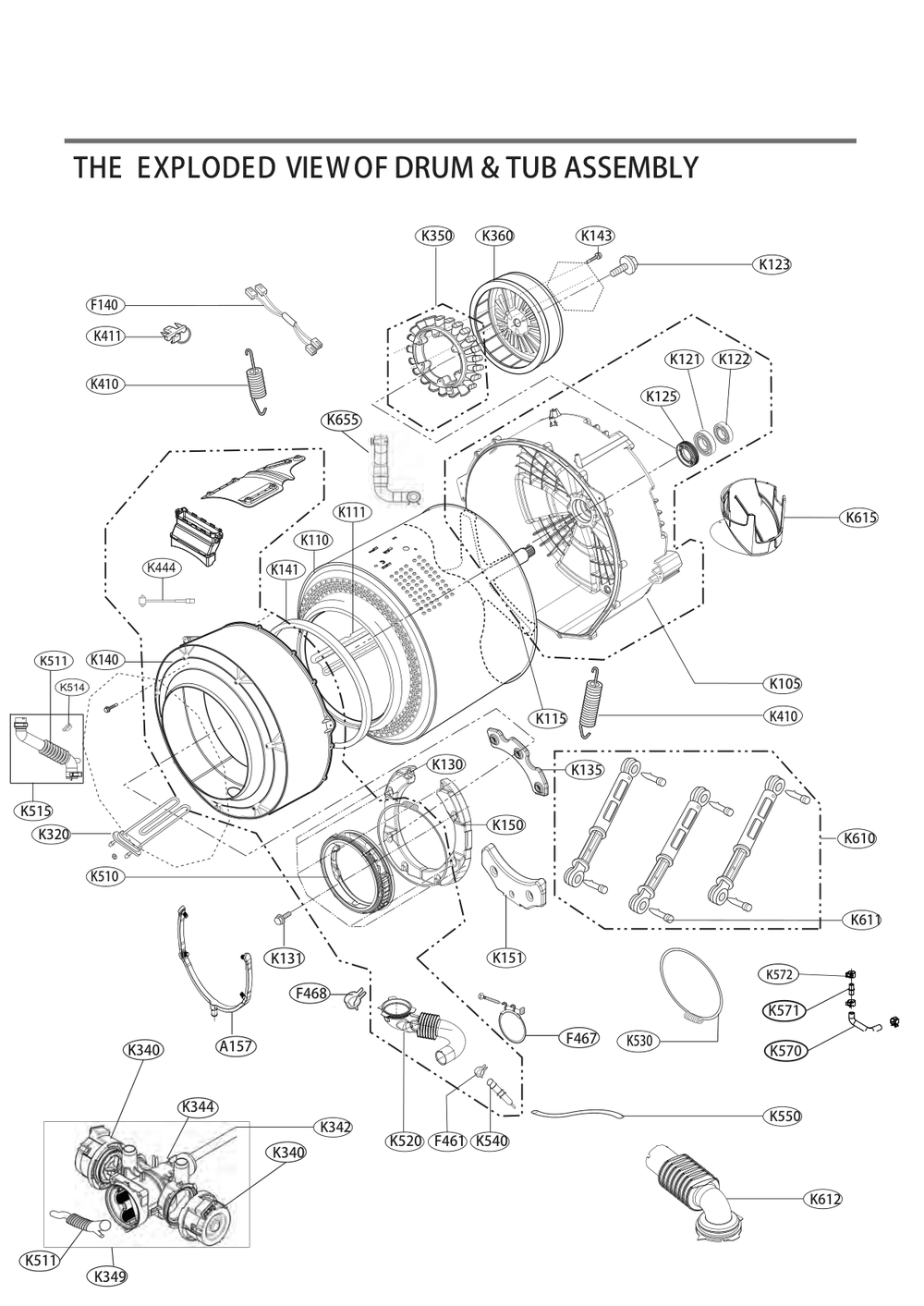 Drum And Tub Assembly Diagram and Parts List for F4V9RCP2W ABWEPUS LG Dryer