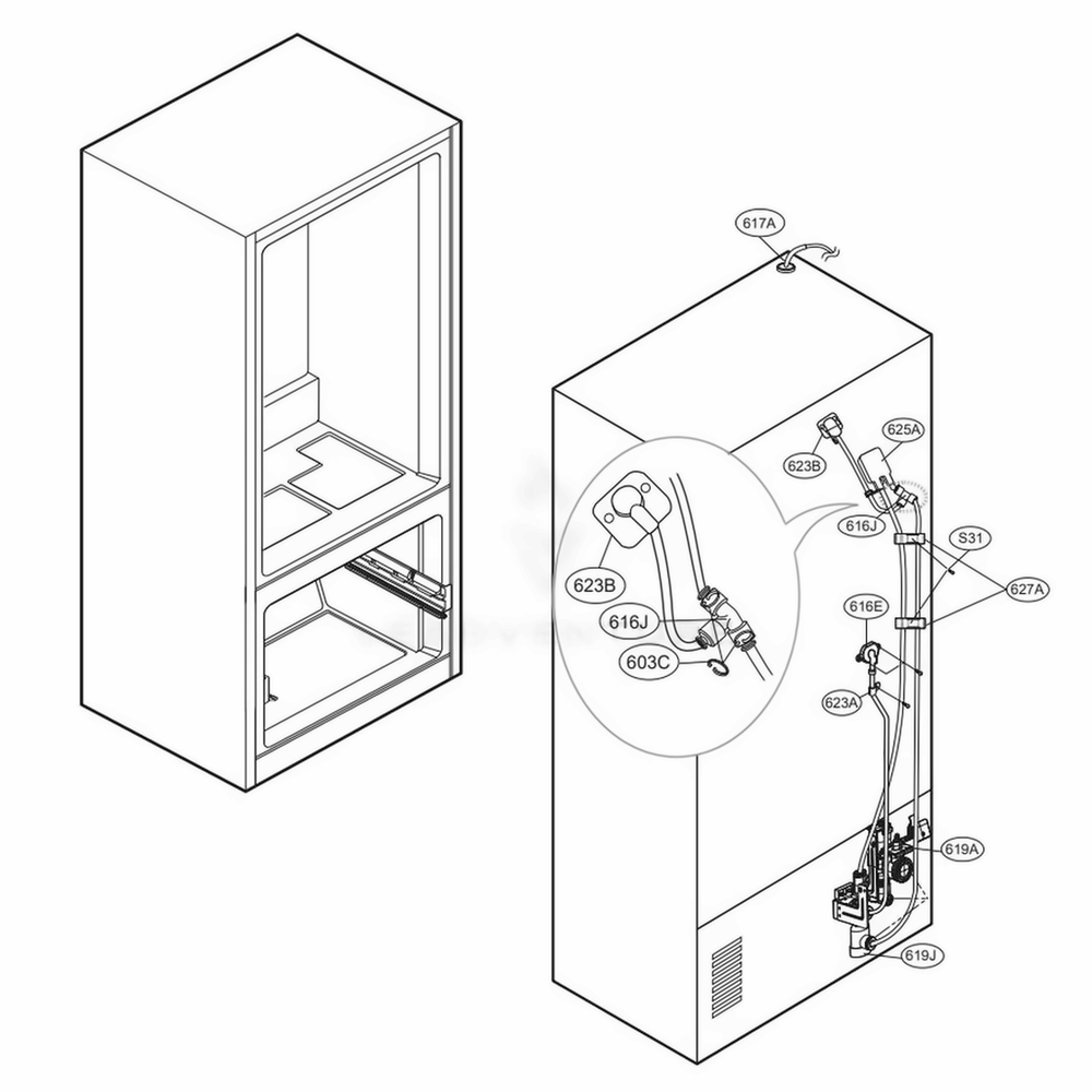 Valve And Water Tube Parts Diagram and Parts List for LFXS28596M AMTCNA0 LG Refrigerator