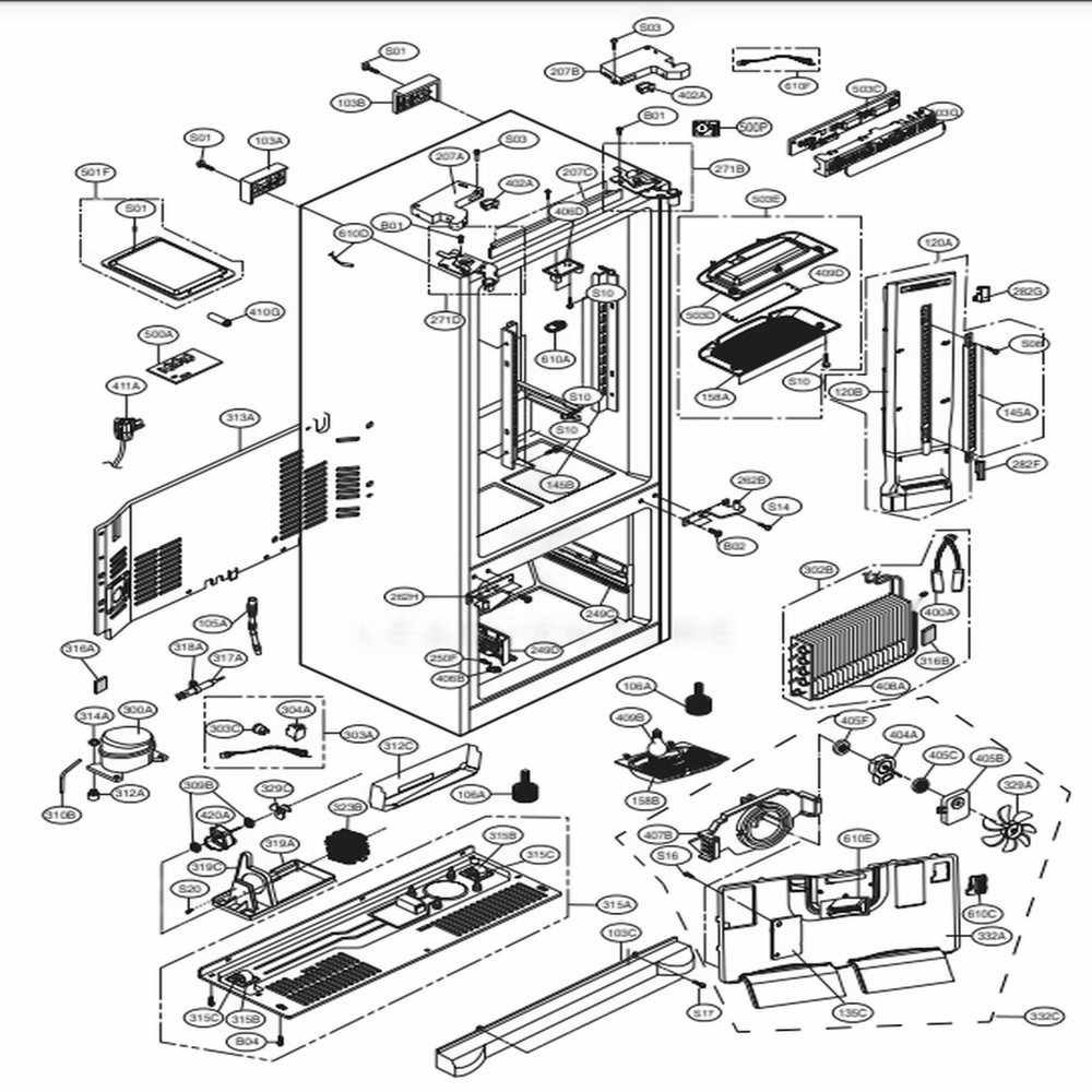 Case Parts Diagram and Parts List for 71609 AWBCSE3 LG Refrigerator