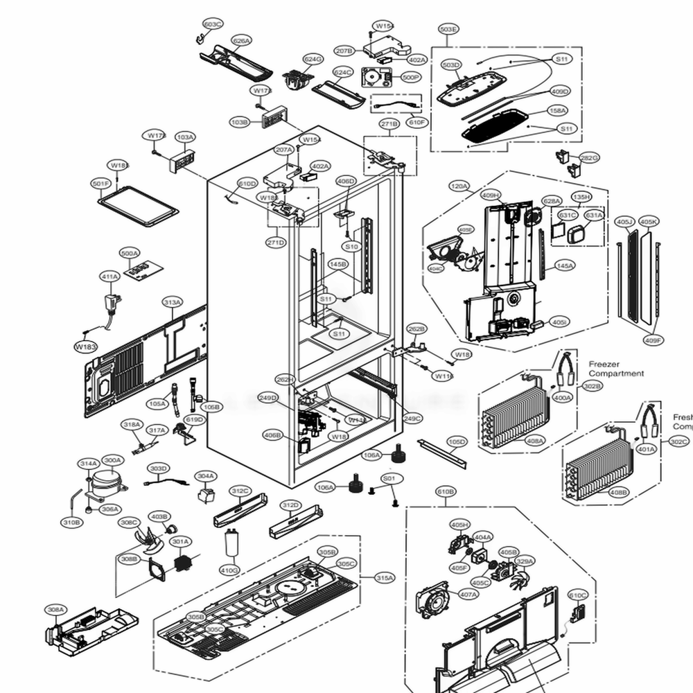 Case Parts Diagram and Parts List for LFXS30796D ASBCNA0 LG Refrigerator