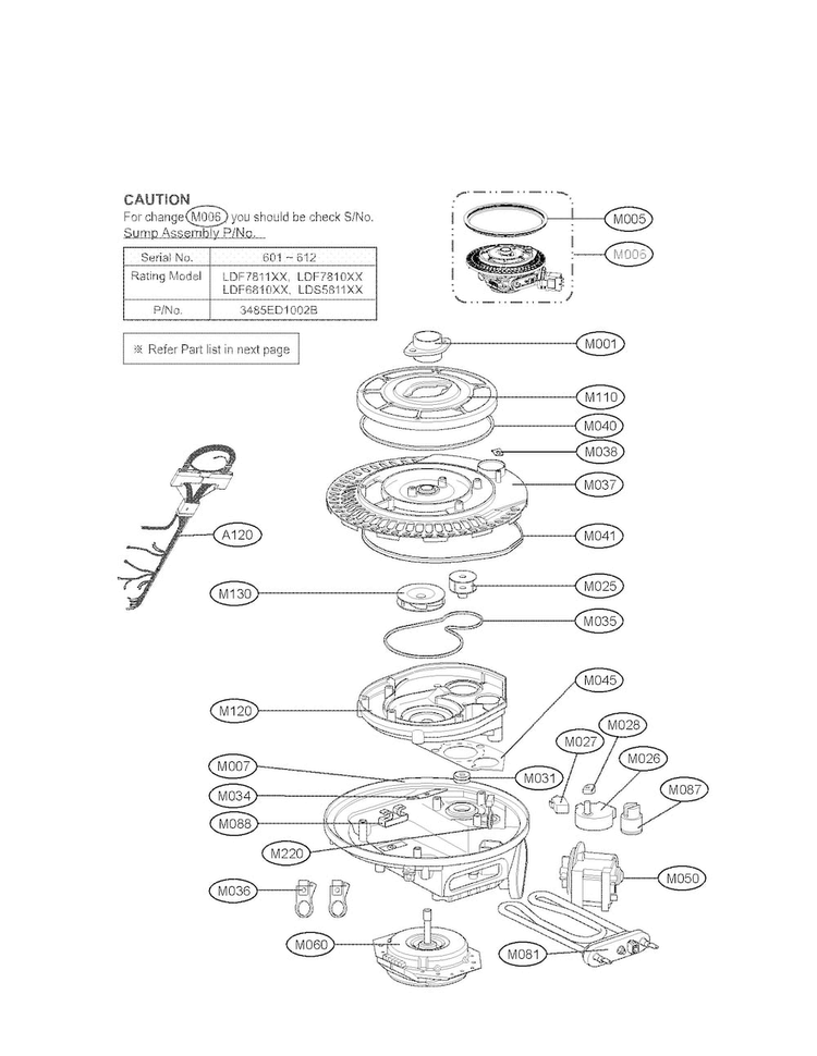 Sump Assy Diagram and Parts List for LDF7810ST-01  LG Dishwasher