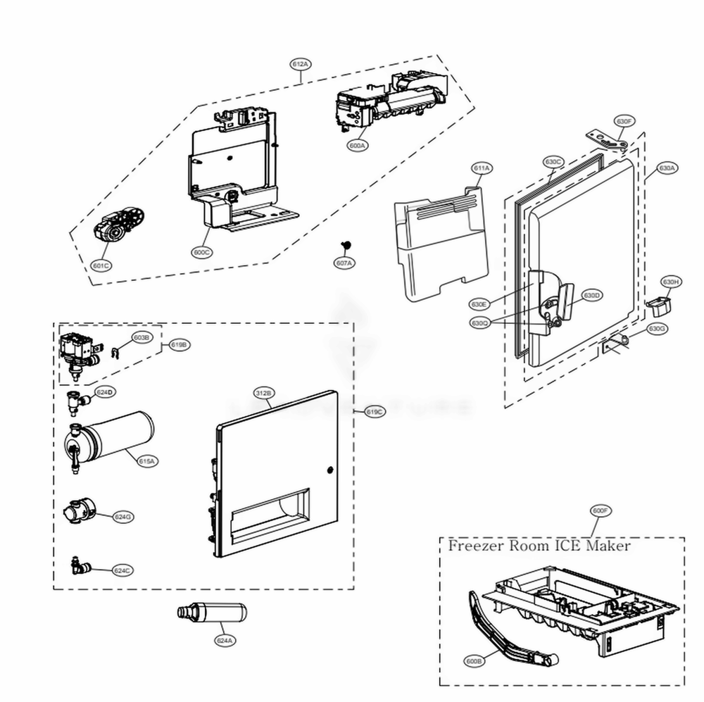 Ice Maker And Ice Bin Parts Diagram and Parts List for LRFDS3006D ASBCNA0 LG Refrigerator