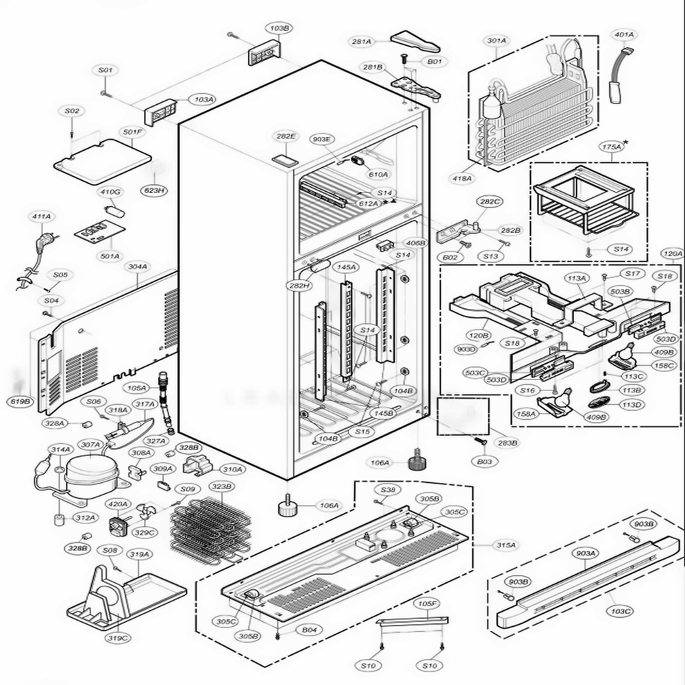 Case Parts Diagram and Parts List for 66222 ASWCSCA LG Refrigerator
