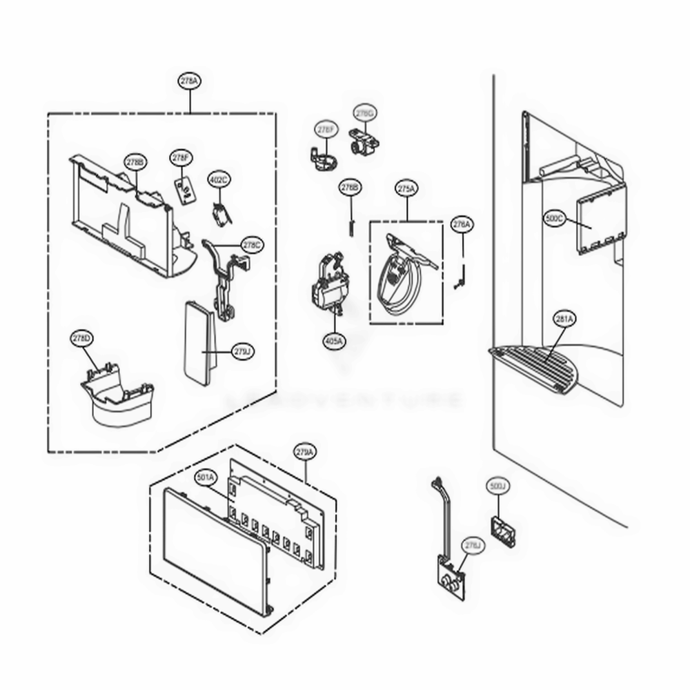 Dispenser Parts Diagram and Parts List for 71079 AWBCSE2 LG Refrigerator