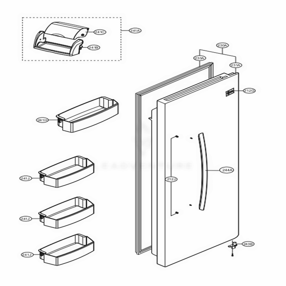 Refrigerator Door Diagram and Parts List for LSXS22423S ASTCNA0 LG Refrigerator