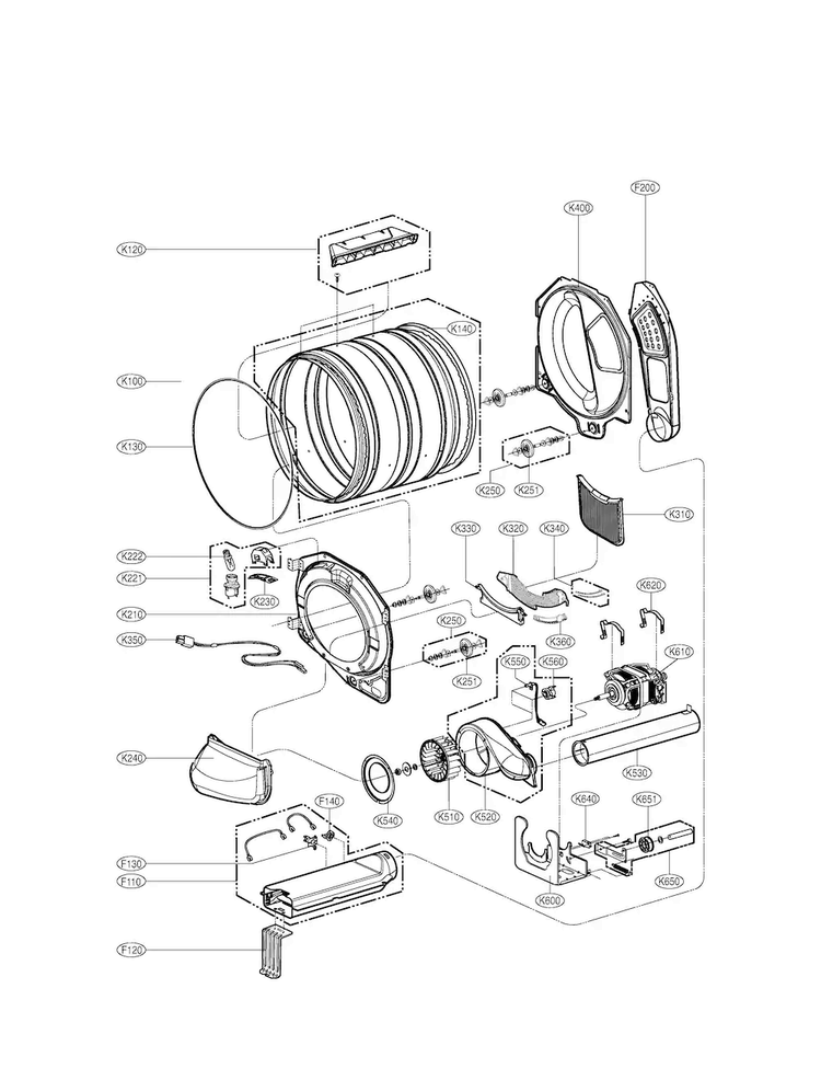 Drum & Motor Diagram and Parts List for DLE5977WM  LG Dryer