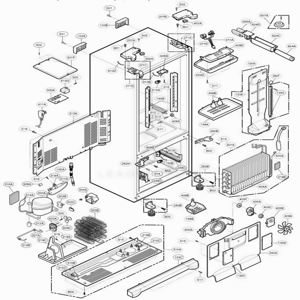 Case Parts Diagram and Parts List for 77542 ASWCSER LG Refrigerator
