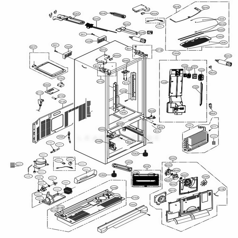 Case Parts Diagram and Parts List for LFX28968SB AWBCNA2 LG Refrigerator