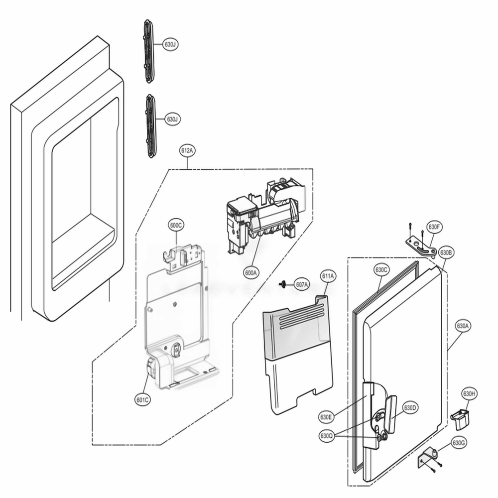 Ice Maker And Ice Bin Parts Diagram and Parts List for 72597 ASBCSE2 LG Refrigerator
