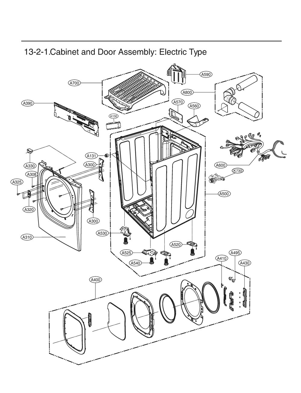 Cabinet And Door Assembly Diagram and Parts List for RV13B2HS ABSEEUS LG Dryer