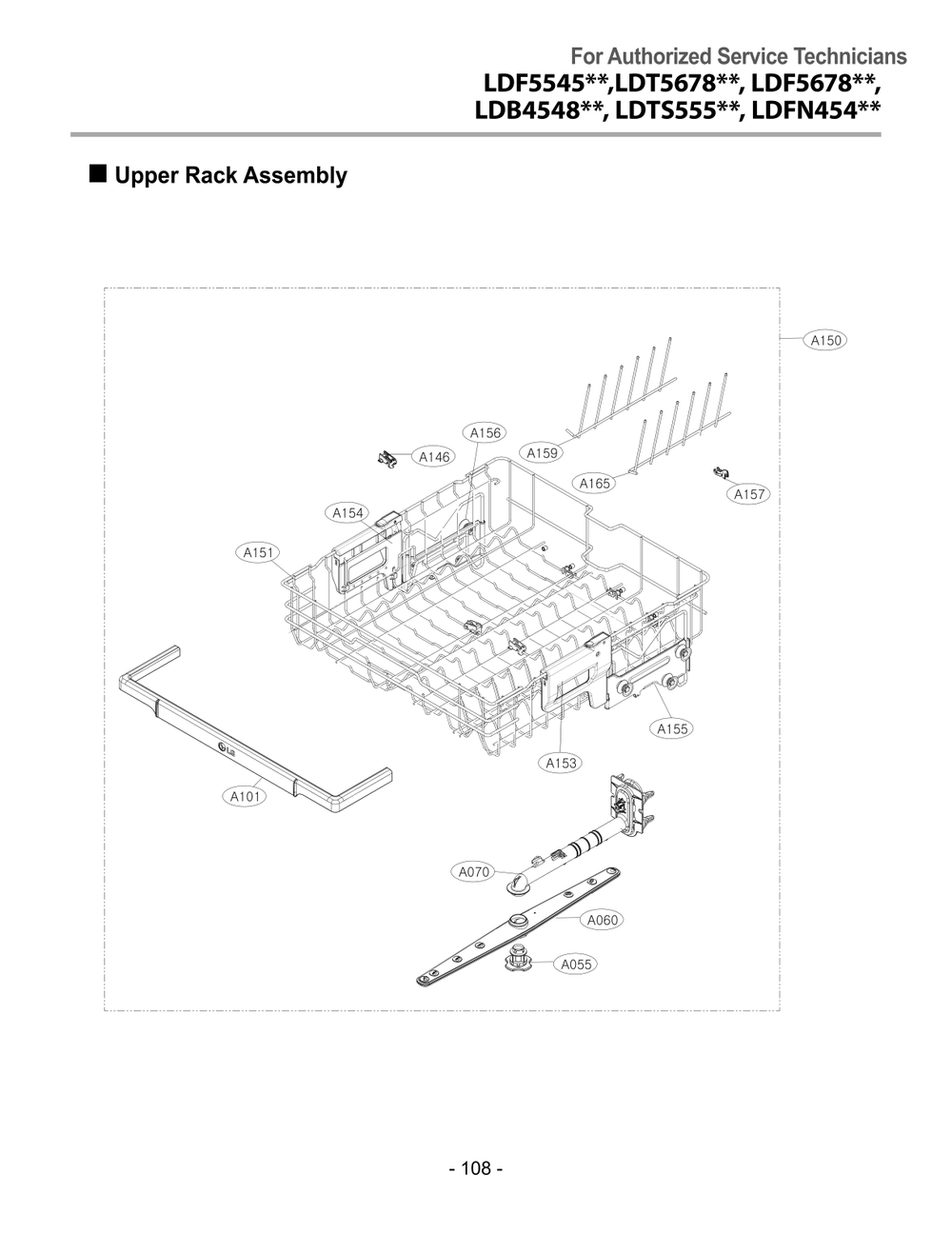 Upper Rack Assembly Diagram and Parts List for DUA513FD ABDEEUS LG Dishwasher