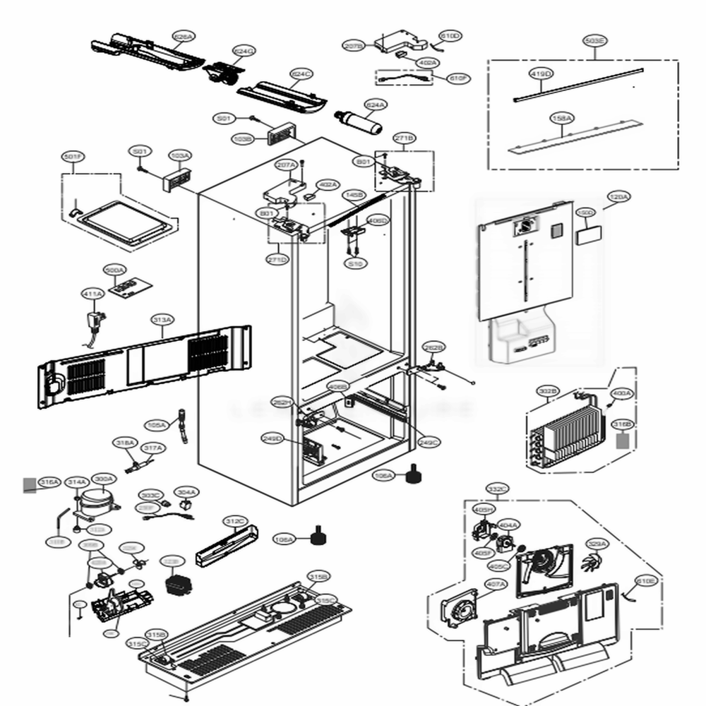 Case Parts Diagram and Parts List for LFXS26566M AMTCNA0 LG Refrigerator