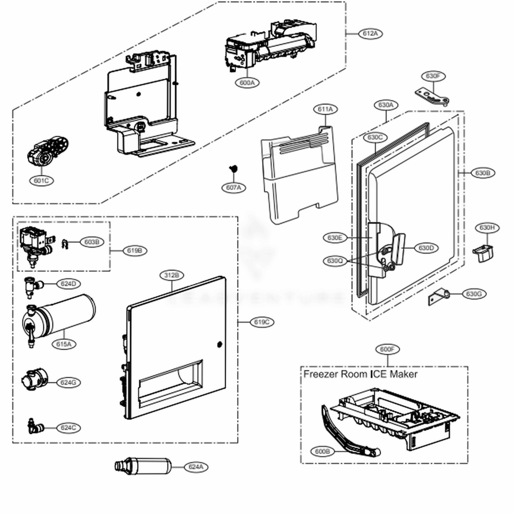 Ice Maker And Ice Bin Parts 1 Diagram and Parts List for 75077 ASBCSE0 LG Refrigerator