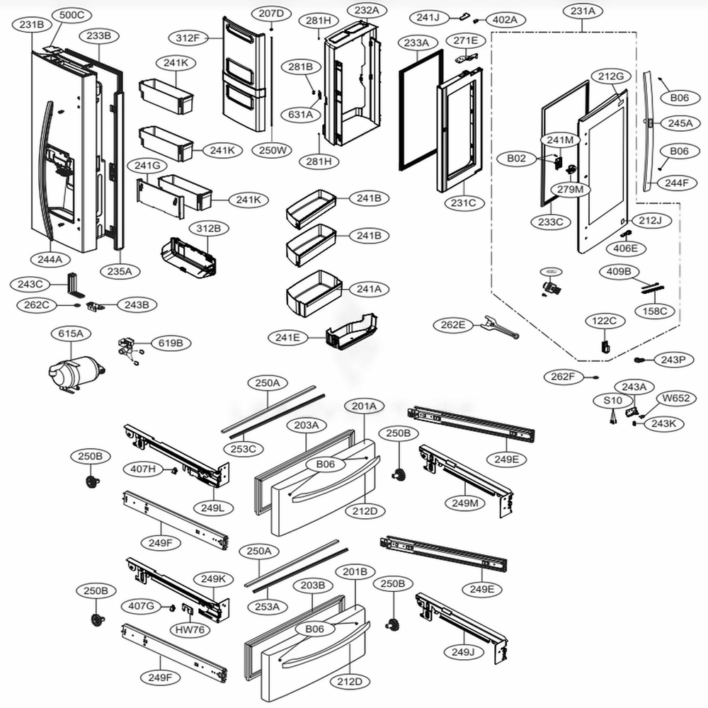 Door Parts Diagram and Parts List for LRMVS2806S ASTCNA0 LG Refrigerator