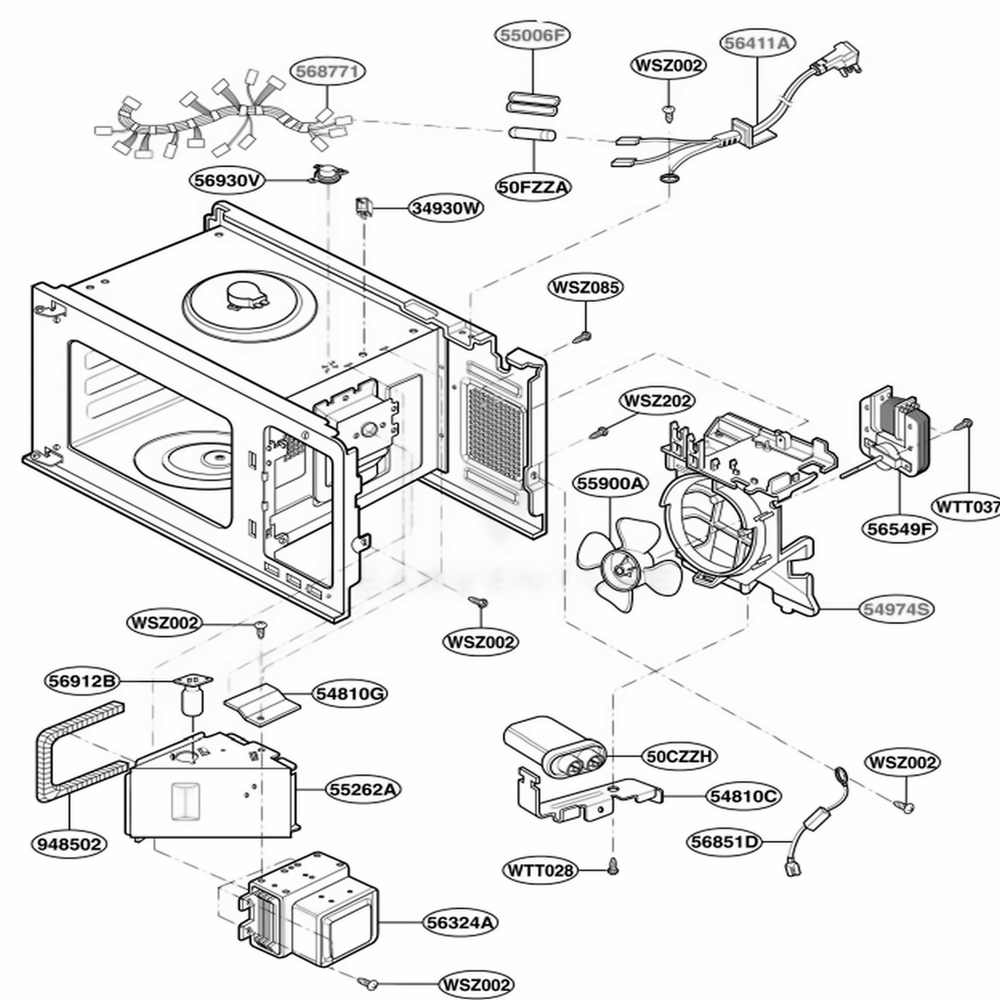 Interior Parts Diagram and Parts List for KCMS185JBT CBSEKAD LG Wall Oven