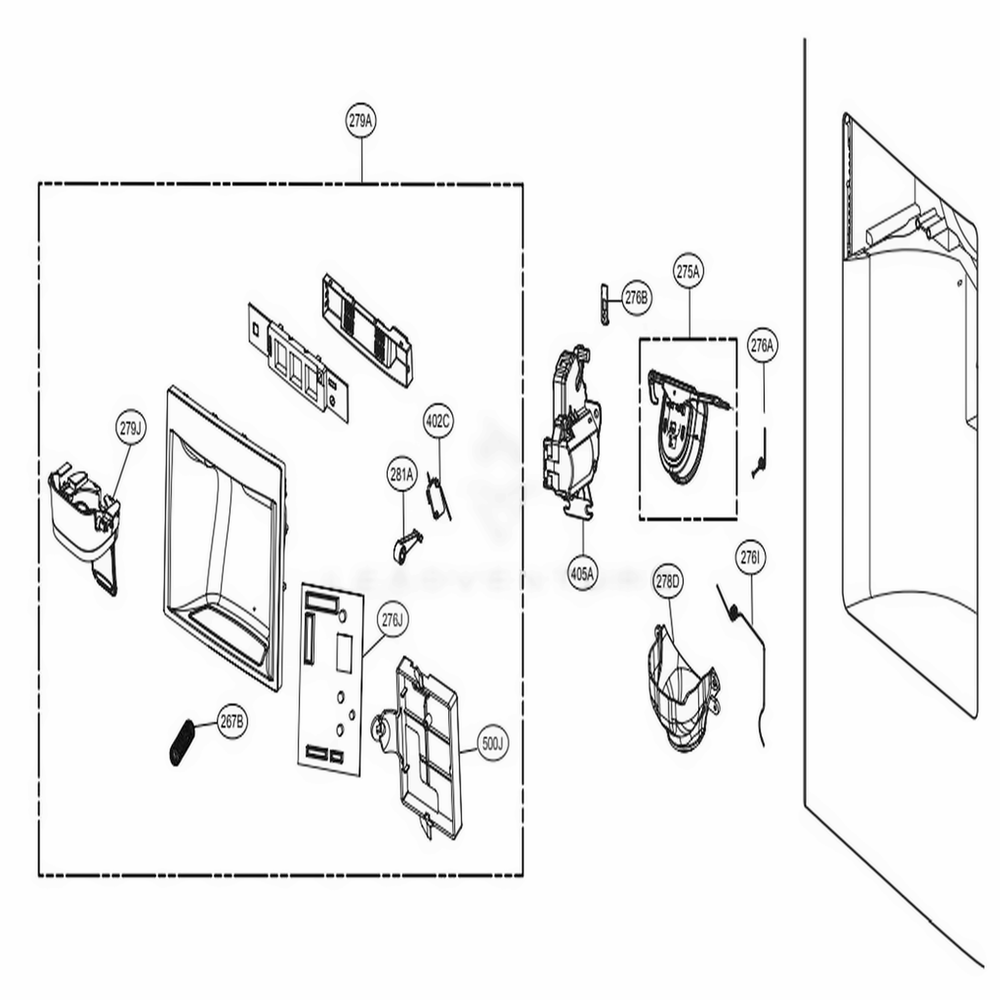 Dispenser Parts Diagram and Parts List for 74042 ASWCSE1 LG Refrigerator