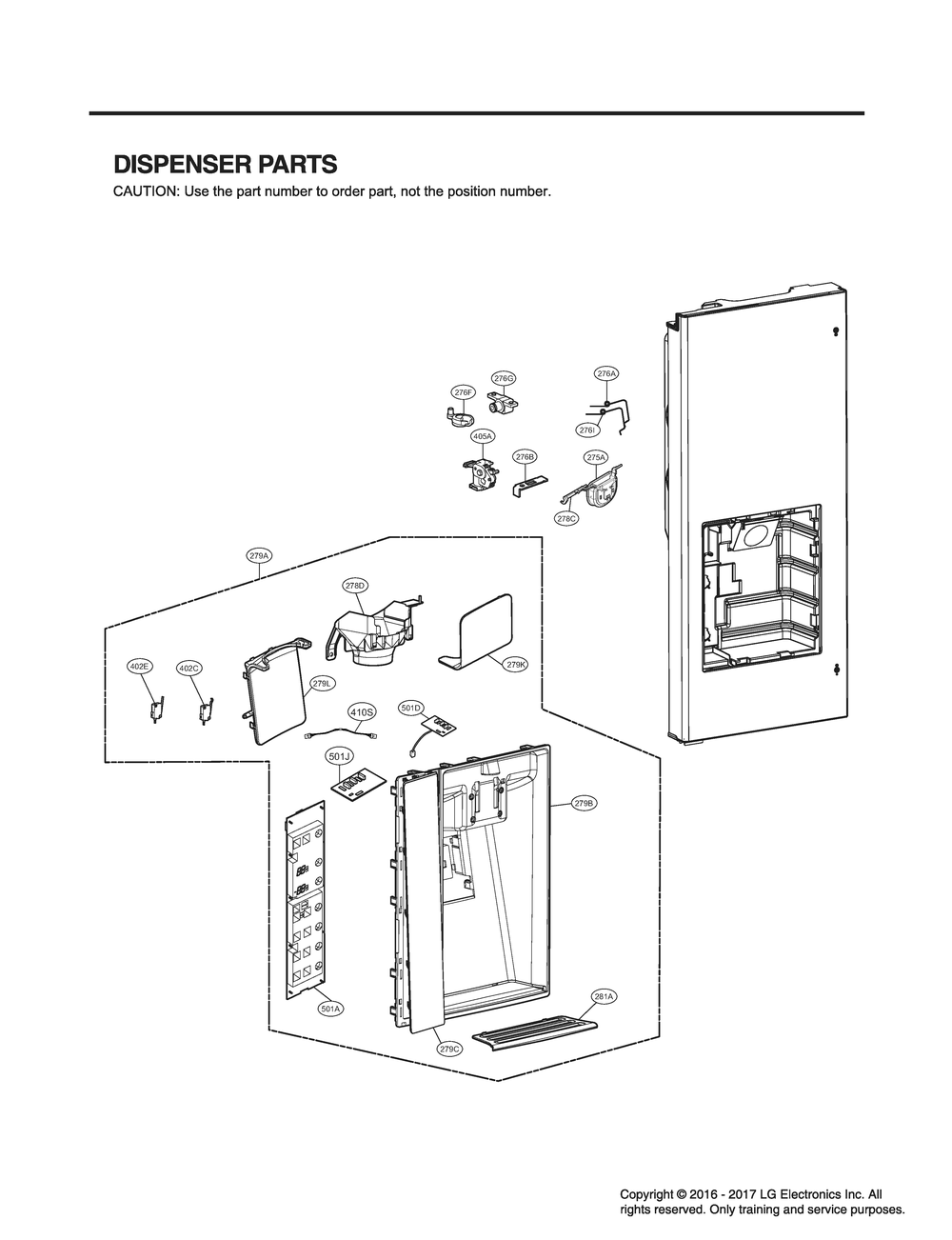 Dispenser Parts Diagram and Parts List for GR-X30GHSJM ASTCNA0 LG Refrigerator