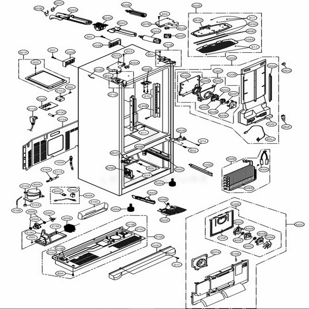 Case Parts Diagram and Parts List for LFX28978SW ASWCNA4 LG Refrigerator