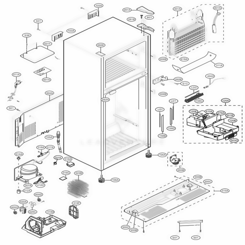 Case Parts Diagram and Parts List for LTCS24223D ASBCNA1 LG Refrigerator