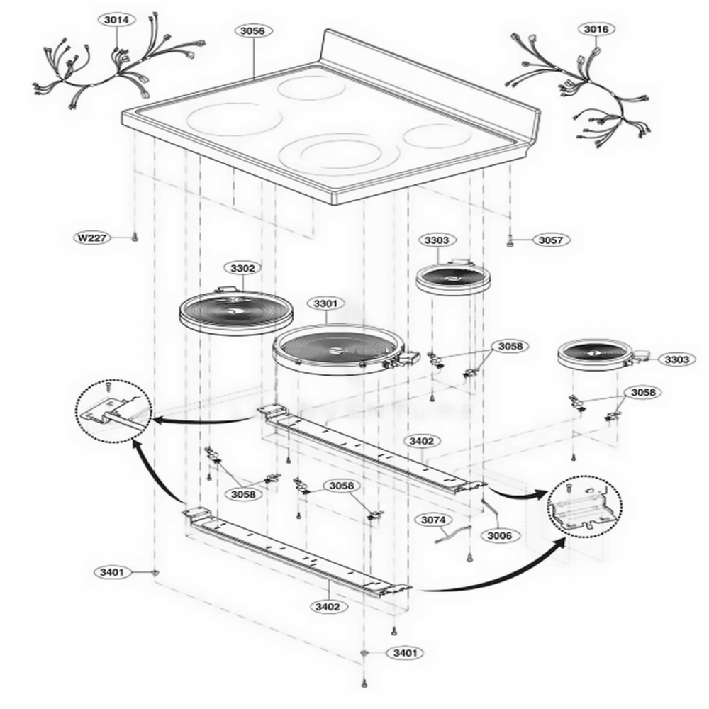 Cooktop Parts Diagram and Parts List for LRE3091SW FWHLLCA LG Range