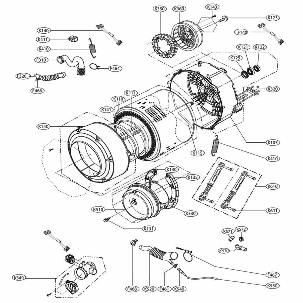 Drum And Tub Assembly Diagram and Parts List for WM1388HW ABWEPUS LG Washer
