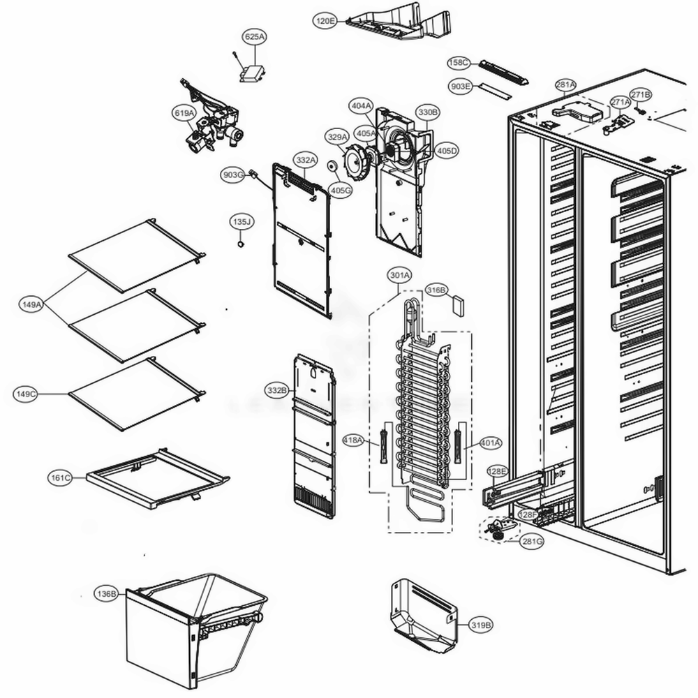Freezer Compartment Diagram and Parts List for LSXS26336S ASTCNA1 LG Refrigerator