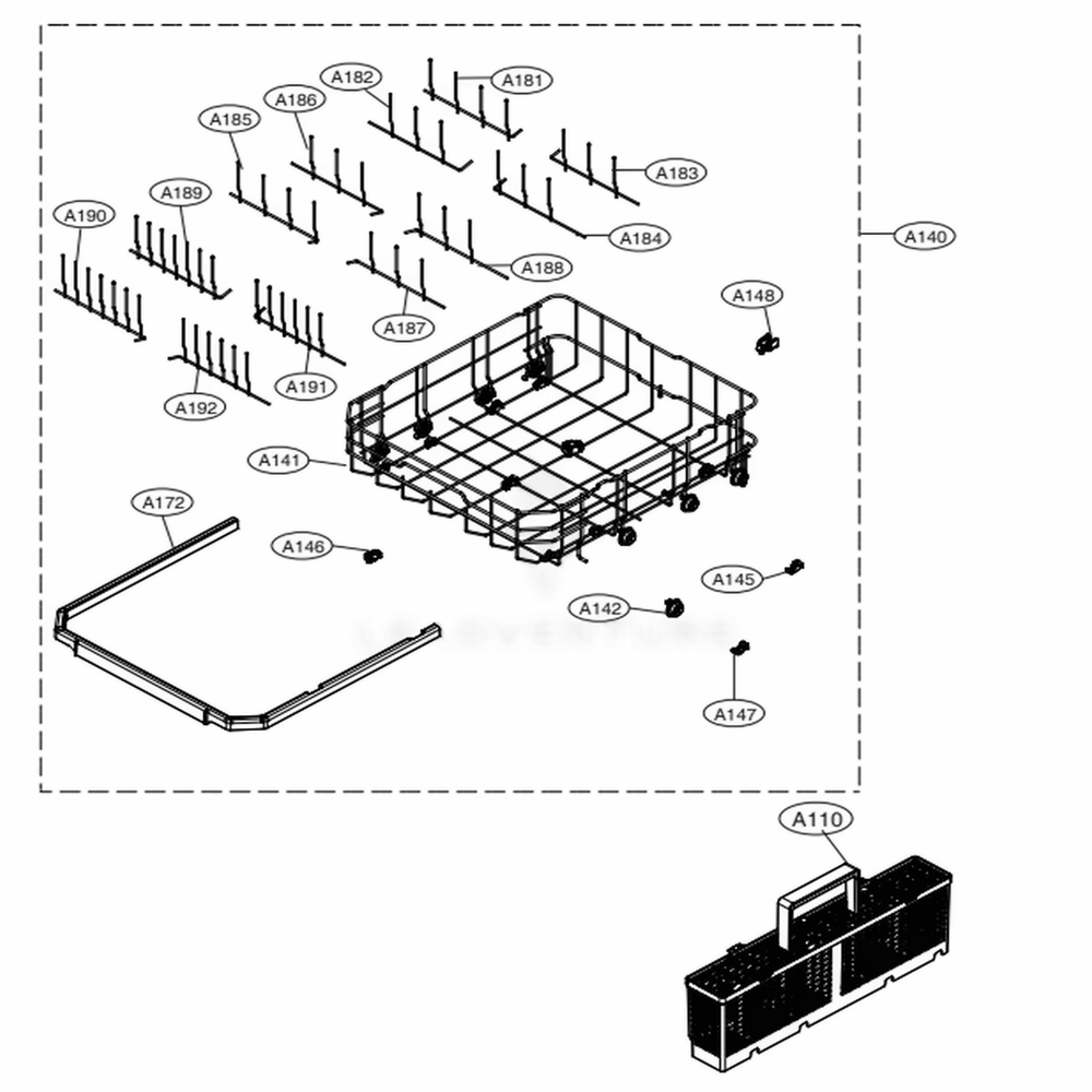Lower Rack Assembly Diagram and Parts List for LDP6797BD ABDEEUS LG Dishwasher