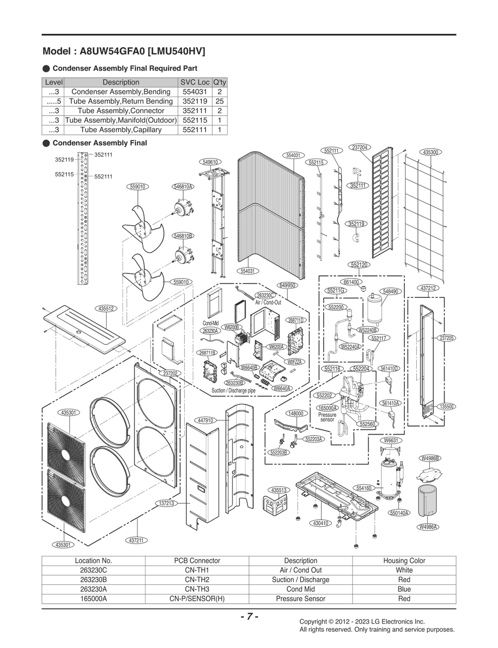 Condenser Assembly Diagram and Parts List for A8UW54GFA0 AWGBEUS LG Air Conditioner