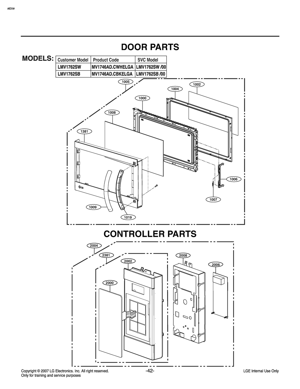 Door Parts Diagram and Parts List for MV1746AD CBKELGA LG Microwave