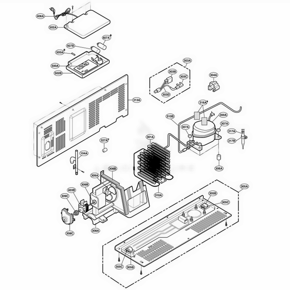 Machine Compartment Diagram and Parts List for RCG20IERFWW ASWQRCA LG Refrigerator