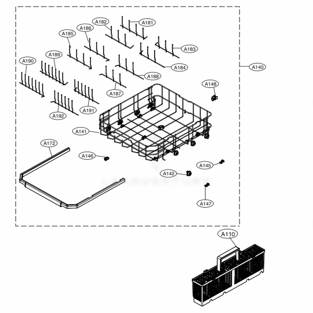 Lower Rack Assembly Diagram and Parts List for LDT6809SS ASSESNA LG Dishwasher