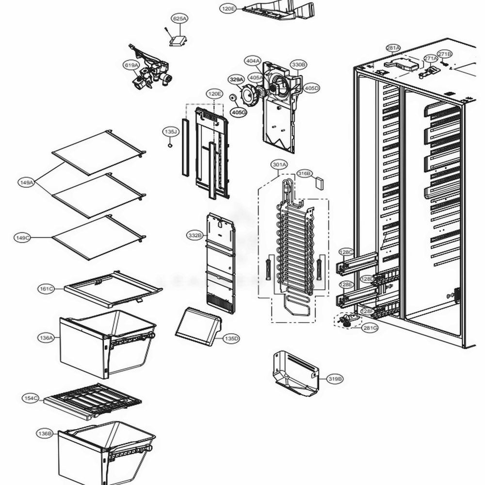 Freezer Compartment Diagram and Parts List for 51867 ASBCSE3 LG Refrigerator