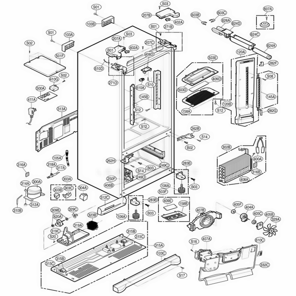 Case Parts Diagram and Parts List for 79737 ABS3SER LG Refrigerator