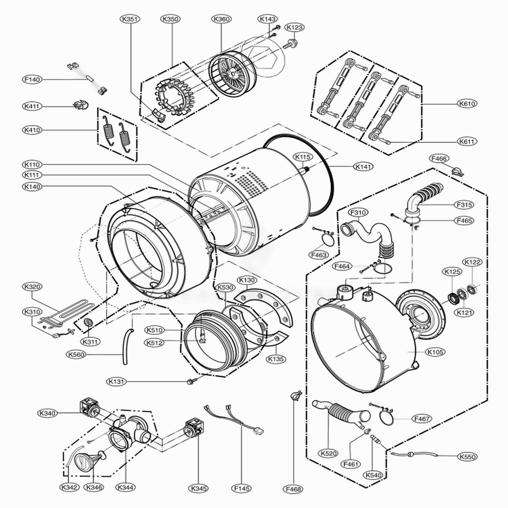 Drum And Tub Assembly Diagram and Parts List for WM2677HBM ABPEEUS LG Washer
