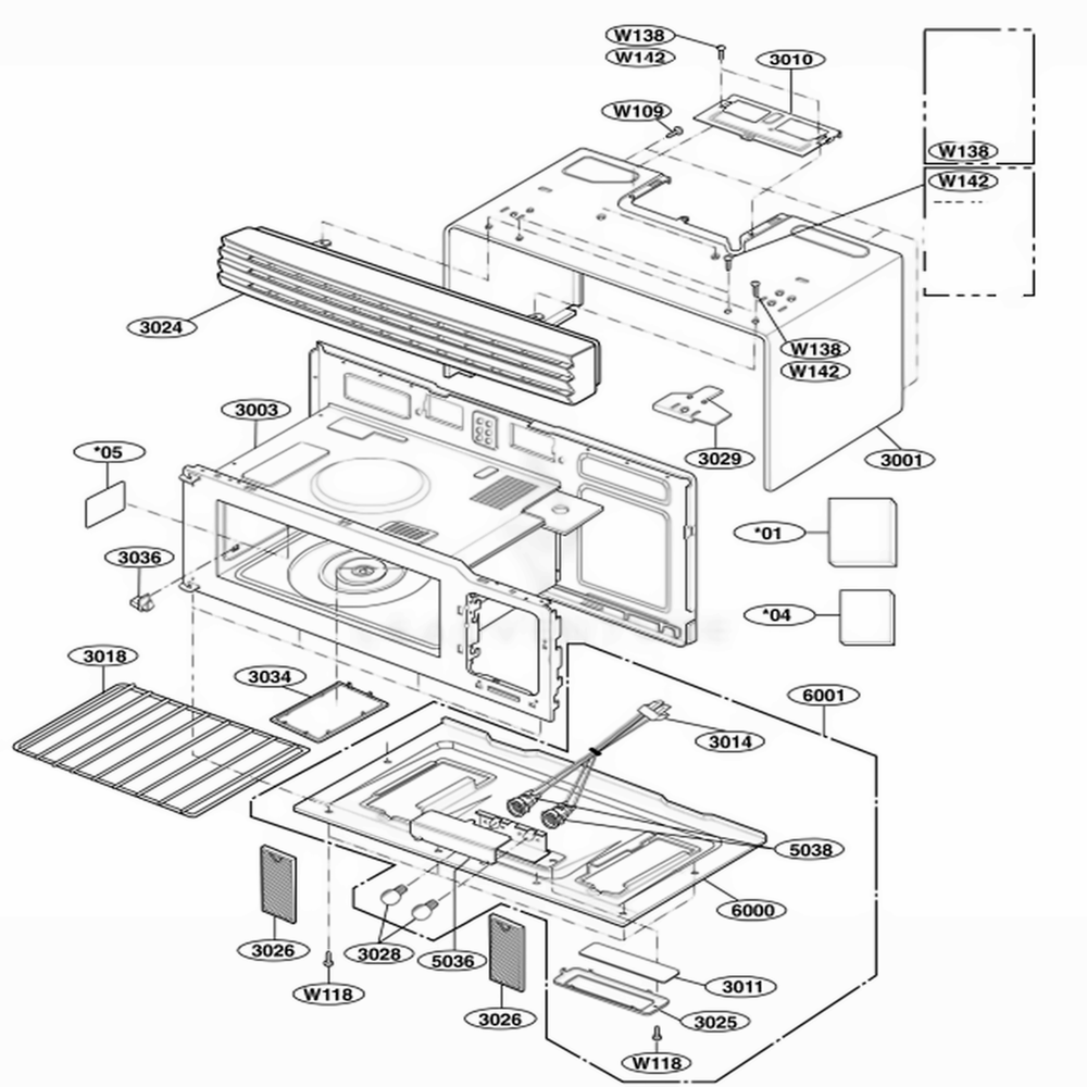 Oven Cavity Parts Diagram and Parts List for 62643 ASBESEA LG Microwave